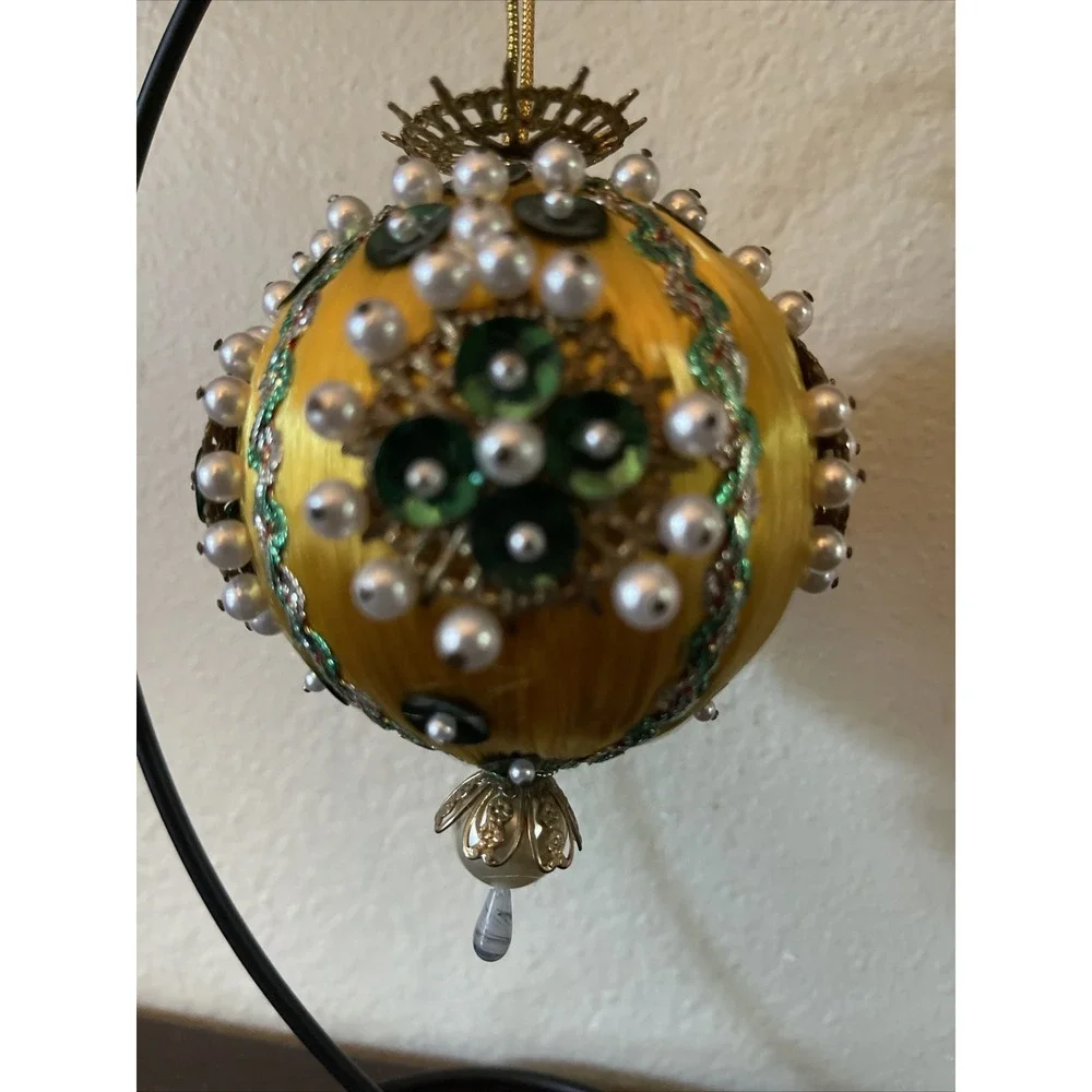 Vintage Bead Sequin Push Pin Christmas Tree‎ Ornament Gold Completed AS IS